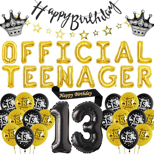 13 Geburtstag Dekoration für Mädchen Junge - 55 Stück Offizielle Teenager Geburtstagsdeko Luftballons Schwarz Gold, Happy Birthday Banner Schärpe Folienballons Zahl für 13 Jahr Geburtstagsparty von Runyuzi