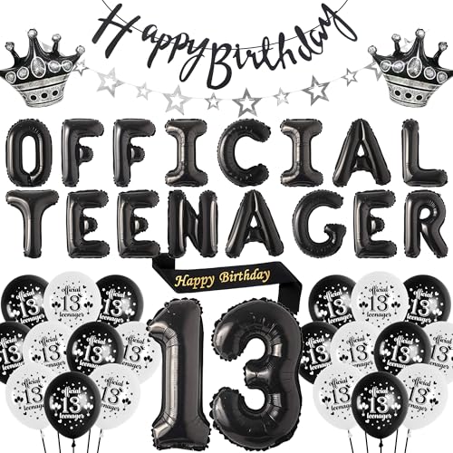 13 Geburtstag Dekoration Luftballons für Junge - 55 Stück Offizielle Teenager Geburtstagsdeko Schwarz Silber, Happy Birthday Banner Schärpe Folienballons Zahl für 13 Jahr Geburtstagsparty von Runyuzi