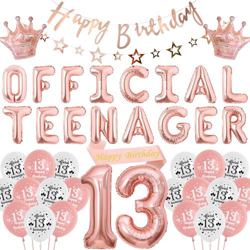 13. Geburtstag Dekoration Luftballons für Mädchen - 55 Stück Offizielle Teenager Geburtstagsdeko Rosegold, Happy Birthday Banner Folienballons Zahl Schärpe für 13 Jahr Geburtstagsparty von Runyuzi
