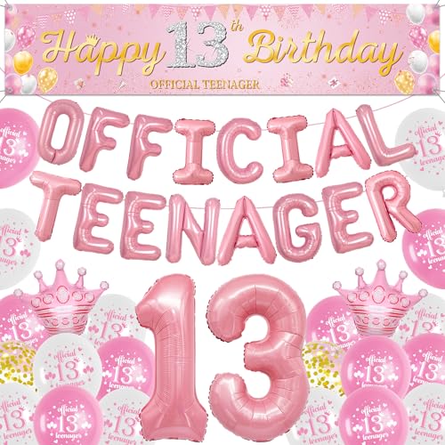 Offizielle Teenager 13 Geburtstag Deko Ballon für Mädchen, Rosa Happy 13. Birthday Hintergrund Banner, Offizielle Teenager und Zahl 13 Folienballons für Kinder Geburtstagsdeko Party von Runyuzi