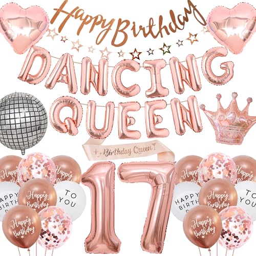 17 Geburtstag Dekoration Dancing Queen – 42 Stück Geburtstagsdeko Rose Gold für Mädchen mit Happy Birthday Banner, Stern Girlande Disco Folienballons Schärpe für 17 Jahre Tanzende Königin von Runyuzi