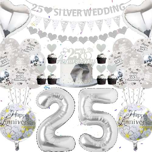 25 Jahre Silberhochzeit Deko Ballons - 66 Stück Silberhochzeit Deko, 25 Silberhochzeit Zahl, Silver Wedding Girlande, Wimpel Kuchendeckel, für Paare 25 Jahre Jubiläum silberne Hochzeit drinnen draußen 25 Jahre Silberhochzeit Deko Ballons - 66 Stück Silberhochzeit Deko, 25 Silberhochzeit Zahl, Silver Wedding Girlande, Wimpel Kuchendeckel, für Paare 25 Jahre Jubiläum silberne Hochzeit drinnen draußen von Runyuzi