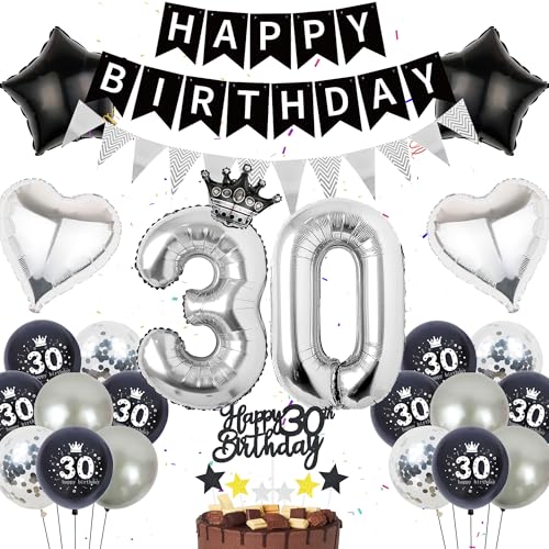 30. Geburtstag Deko Mann Frau - 55 Stück Schwarz Silber 30er Geburtstag Deko, Happy Birthday Banners, Zahlenballons 30, Liebesstern Krone Folienballons Kuchendeko für die 30. Geburtstagsfeier 30. Geburtstag Deko Mann Frau - 55 Stück Schwarz Silber 30er Geburtstag Deko, Happy Birthday Banners, Zahlenballons 30, Liebesstern Krone Folienballons Kuchendeko für die 30. Geburtstagsfeier von Runyuzi