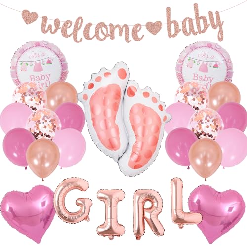 Baby Shower Dekoratione Mädchen Rosa - 38 Stück Babyparty Deko, Welcome Baby Glitzerbanner, Fußfolienballons, Herzen Und Runde Folienballons für Mädchen Baby Shower Gender Reveal Party Dekoration Baby Shower Dekoratione Mädchen Rosa - 38 Stück Babyparty Deko, Welcome Baby Glitzerbanner, Fußfolienballons, Herzen Und Runde Folienballons für Mädchen Baby Shower Gender Reveal Party Dekoration von Runyuzi