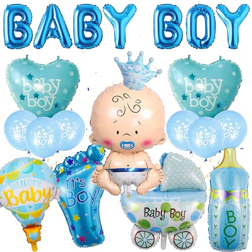 Babyparty Deko Junge Ballon Blau - 16 Stück Babyshowerparty Deko Junge Neugeborene Folienballon Its a Boy Deko Welcome Baby Heißluftballonförmiger Folienballon für Gender Reveal Babyparty Deko Junge von Runyuzi