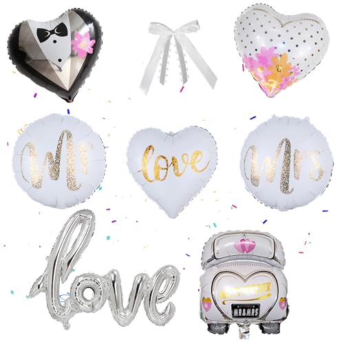 Brautpaar Luftballons Hochzeit Deko Kit - 10 Stück Hochzeit Lieferungen Mr and Mrs Folienballon Love Ballon Brautpaar Figuren Hochzeitsauto für Standesamt Verlobung Hochzeitsfeier von Runyuzi