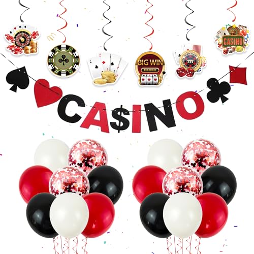 32 Stücke Casino Party Dekorationen - Schwarz Rot Weiß Luftballons Poker Geburtstag Deko Casino Banner Casino-Rad Casino-Schnur-Dekorationen für Männer Frauen Casino-Thema Spiel Nacht Partydeko von Runyuzi