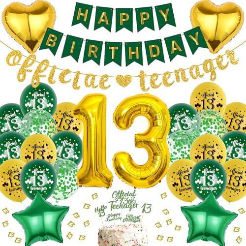 Deko 13. Geburtstag Mädchen Junge - 66 Stück Grün Gold Offizielle Teenager Party Geburtstagsdeko, Happy Birthday Banner Zahlen Luftballon Glitzer Tortendeko Konfetti für 13 Jahr Kinder Deko 13. Geburtstag Mädchen Junge - 66 Stück Grün Gold Offizielle Teenager Party Geburtstagsdeko, Happy Birthday Banner Zahlen Luftballon Glitzer Tortendeko Konfetti für 13 Jahr Kinder von Runyuzi
