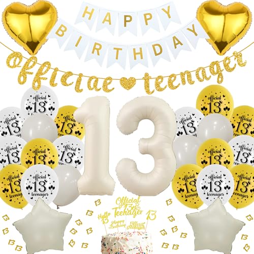 Deko 13. Geburtstag Mädchen Junge - 66 Stück Weiß Gold Offizielle Teenager Party Geburtstagsdeko, Happy Birthday Banner Zahlen Luftballon Glitzer Tortendeko Konfetti für 13 Jahr Kinder Deko 13. Geburtstag Mädchen Junge - 66 Stück Weiß Gold Offizielle Teenager Party Geburtstagsdeko, Happy Birthday Banner Zahlen Luftballon Glitzer Tortendeko Konfetti für 13 Jahr Kinder von Runyuzi