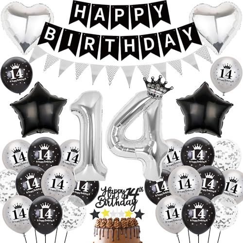 Deko 14 Geburtstag Mädchen Junge - 63 Stück Schwarz Silber Geburtstagsdeko mit Happy Birthday Banners, Stern Liebe Zahl Folienballon Konfetti Luftballons Tortendeko für Teenager Party Drinnen Draußen Deko 14 Geburtstag Mädchen Junge - 63 Stück Schwarz Silber Geburtstagsdeko mit Happy Birthday Banners, Stern Liebe Zahl Folienballon Konfetti Luftballons Tortendeko für Teenager Party Drinnen Draußen von Runyuzi