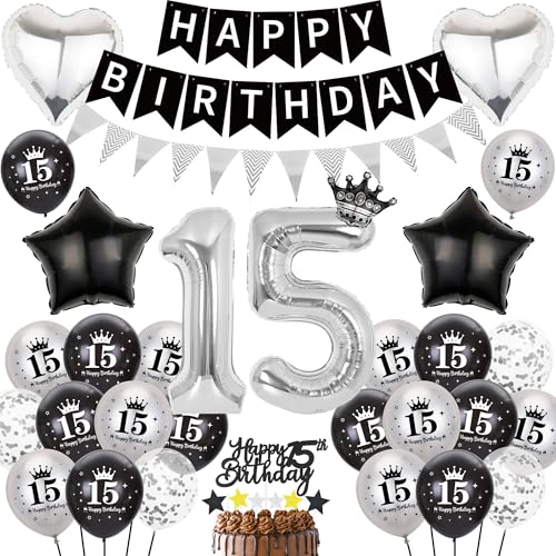 Deko 15 Geburtstag Mädchen Junge - 63 Stück Schwarz Silber Geburtstagsdeko mit Happy Birthday Banners, Stern Liebe Zahl Folienballon Konfetti Luftballons Tortendeko für Teenager Party Drinnen Draußen Deko 15 Geburtstag Mädchen Junge - 63 Stück Schwarz Silber Geburtstagsdeko mit Happy Birthday Banners, Stern Liebe Zahl Folienballon Konfetti Luftballons Tortendeko für Teenager Party Drinnen Draußen von Runyuzi