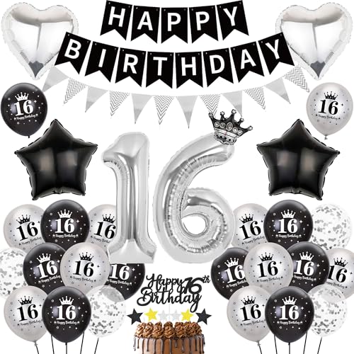 Deko 16 Geburtstag Mädchen Junge - 63 Stück Schwarz Silber Geburtstagsdeko mit Happy Birthday Banners, Stern Liebe Zahl Folienballon Konfetti Luftballons Tortendeko für Teenager Party Drinnen Draußen Deko 16 Geburtstag Mädchen Junge - 63 Stück Schwarz Silber Geburtstagsdeko mit Happy Birthday Banners, Stern Liebe Zahl Folienballon Konfetti Luftballons Tortendeko für Teenager Party Drinnen Draußen von Runyuzi