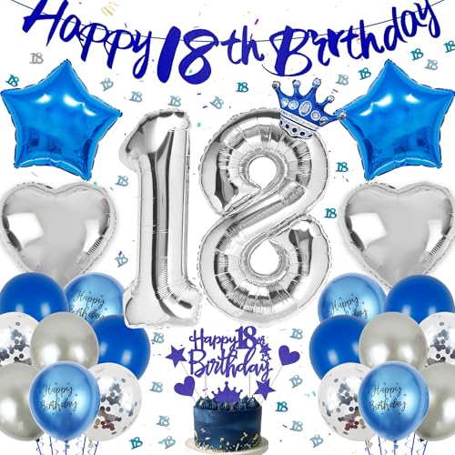 Deko 18. Geburtstag Blau Silber - 31 Stücke 18. Geburtstagsdeko Jungen Zahl Folienballon Happy 18th Birthday Banner Stern Herz Luftballons Konfetti Tortendeko für Junge Mädchen 18 Party Dekoration Deko 18. Geburtstag Blau Silber - 31 Stücke 18. Geburtstagsdeko Jungen Zahl Folienballon Happy 18th Birthday Banner Stern Herz Luftballons Konfetti Tortendeko für Junge Mädchen 18 Party Dekoration von Runyuzi