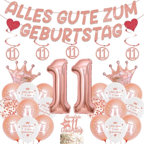 Deko 11. Geburtstag Mädchen Rosegold - Geburtstagsdeko 11 mit Alles Gute Girlande Luftballons Hängende Wirbel, XXL Riesen Zahlen Ballon Partydeko für 11 Jahre Geburtstag von Runyuzi