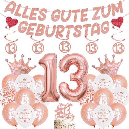 Deko 13. Geburtstag Mädchen Rosegold - Geburtstagsdeko 13 mit Alles Gute Girlande Luftballons Hängende Wirbel, XXL Riesen Zahlen Ballon Partydeko für 13 Jahre Teenager Geburtstag von Runyuzi