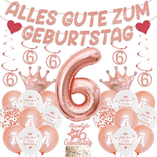 Deko 6. Geburtstag Mädchen Rosegold - Geburtstagsdeko 6 mit Alles Gute Girlande Luftballons Hängende Wirbel, XXL Riesen Zahlen Ballon Partydeko für 6 Jahre Geburtstag von Runyuzi