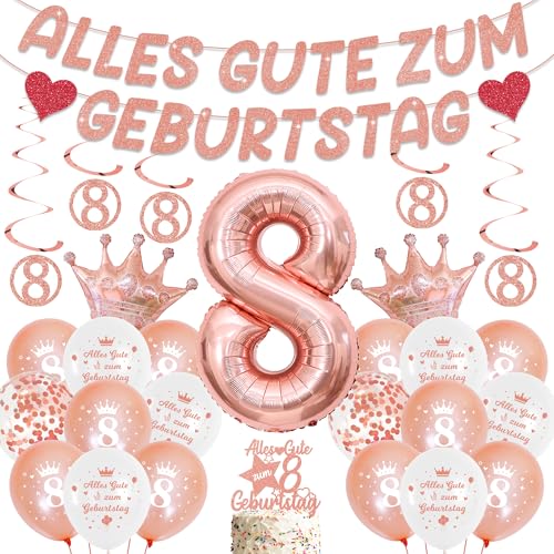 Deko 8. Geburtstag Mädchen Rosegold - Geburtstagsdeko 8 mit Alles Gute Girlande Luftballons Hängende Wirbel, XXL Riesen Zahlen Ballon Partydeko für 8 Jahre Geburtstag von Runyuzi