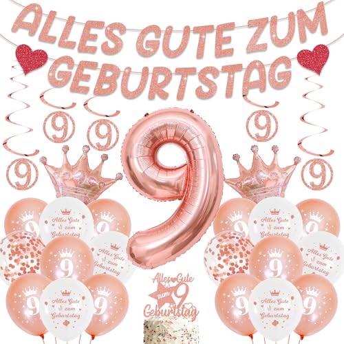Deko 9. Geburtstag Mädchen Rosegold - Geburtstagsdeko 9 mit Alles Gute Girlande Luftballons Hängende Wirbel, XXL Riesen Zahlen Ballon Partydeko für 9 Jahre Geburtstag von Runyuzi