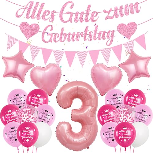 Deko Luftballon 3. Geburtstag Mädchen - Rosa 3 Geburtstag Deko, Alles Gute zum Geburtstag Banner, Zahl Ballon 3, Konfetti Luftballons, Partydeko für Mädchen zum 3 Deko Luftballon 3. Geburtstag Mädchen - Rosa 3 Geburtstag Deko, Alles Gute zum Geburtstag Banner, Zahl Ballon 3, Konfetti Luftballons, Partydeko für Mädchen zum 3 von Runyuzi