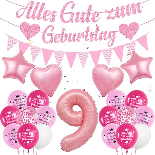 Deko Luftballon 9. Geburtstag Mädchen - Rosa 9 Geburtstag Deko, Alles Gute zum Geburtstag Banner, Zahl Ballon 9, Konfetti Luftballons, Partydeko für Mädchen zum 9 Deko Luftballon 9. Geburtstag Mädchen - Rosa 9 Geburtstag Deko, Alles Gute zum Geburtstag Banner, Zahl Ballon 9, Konfetti Luftballons, Partydeko für Mädchen zum 9 von Runyuzi