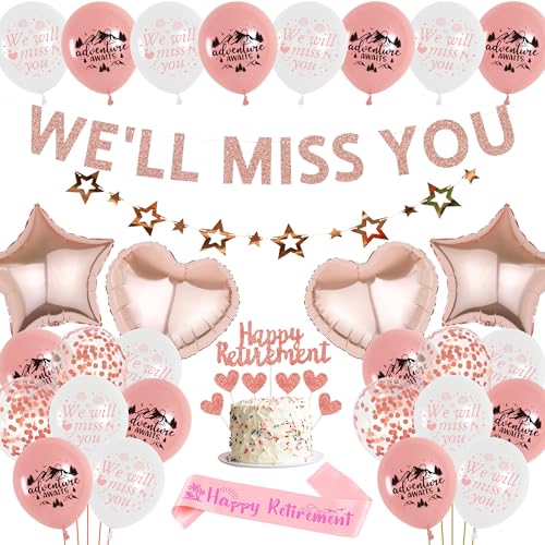Rente Deko Luftballons Set für Frauen - 49 Stück Ruhestand Dekoration Rosegold mit We Will Miss You Banner, Stern Girlande Herzballon Schärpe Tortendeko für Rentner von Runyuzi