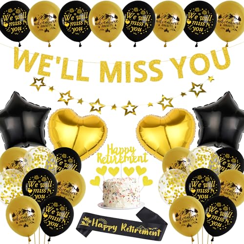 Rente Deko Luftballons für Männer Frauen - 49 Stück Ruhestand Dekoration Schwarz Gold mit We Will Miss You Banner, Stern Girlande Herzballon Schärpe Tortendeko für Rentner von Runyuzi