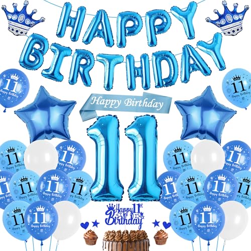 Luftballon 11. Geburtstag Deko Junge Blau, Happy Birthday Banner Ballons XXL Zahl und Stern Kronen Folienballon, Tortendeko Schärpe für Kinder Geburtstagsdeko 11 Jahr Jungen Mädchen von Runyuzi