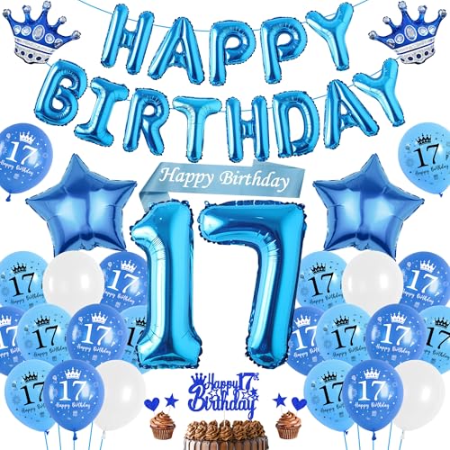 Luftballon 17. Geburtstag Deko Junge Blau, Happy Birthday Banner Ballons XXL Zahl und Stern Kronen Folienballon, Tortendeko Schärpe Geburtstagsdeko für 17 Jahr Jungen Mädchen Teenager von Runyuzi