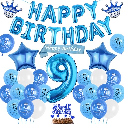 Luftballon 9. Geburtstag Deko Junge Blau, Happy Birthday Banner Ballons XXL Zahl und Stern Kronen Folienballon, Tortendeko Schärpe für Kinder Geburtstagsdeko 9 Jahr Jungen Mädchen von Runyuzi