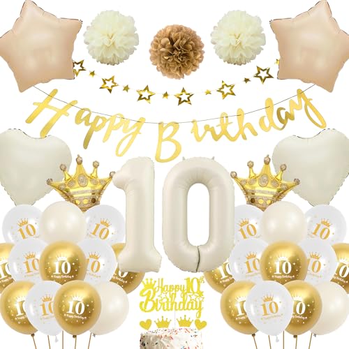 Deko 10 Geburtstag Mädchen Junge - Weiß Gold Luftballons Geburtstagsdeko Ballons, Glitzer Happy Birthday Banner Girlande und Creme Weiß XXL Zahl Folienballon Kuchendeko für Kinder 10 Jahre Party Boho von Runyuzi