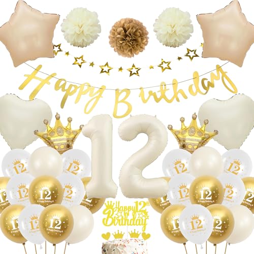 Deko 12 Geburtstag Mädchen Junge - Weiß Gold Luftballons Geburtstagsdeko Ballons, Glitzer Happy Birthday Banner Girlande und Creme Weiß XXL Zahl Folienballon Kuchendeko für Kinder 12 Jahre Party Boho von Runyuzi
