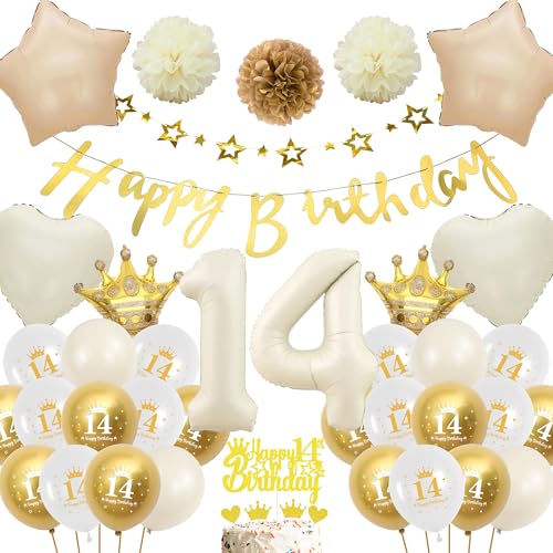 Deko 14 Geburtstag Mädchen Junge - Weiß Gold Luftballons Geburtstagsdeko Ballons, Glitzer Happy Birthday Banner Girlande und Creme Weiß XXL Zahl Folienballon Kuchendeko für Kinder 14 Jahre Party Boho von Runyuzi
