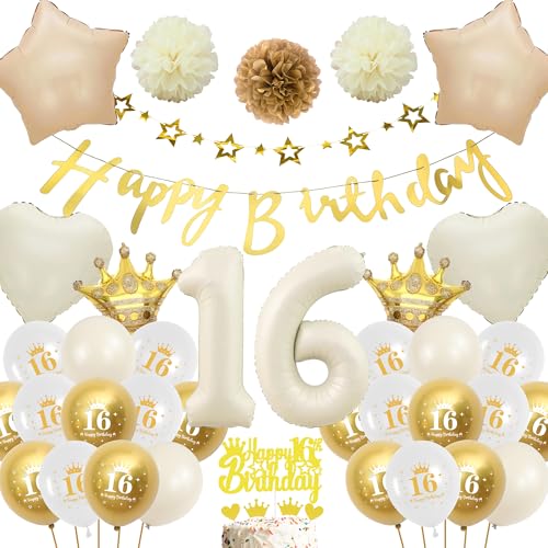 Deko 16 Geburtstag Mädchen Junge - Weiß Gold Luftballons Geburtstagsdeko Ballon, Glitzer Happy Birthday Banner Girlande und Creme Weiß XXL Zahl Ballons Tortendeko für Kinder 16 Jahre Party Boho von Runyuzi