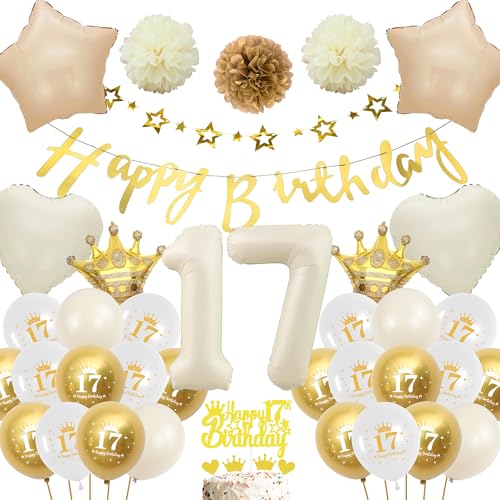 Deko 17 Geburtstag Mädchen Junge - Weiß Gold Luftballons Geburtstagsdeko Ballons, Glitzer Happy Birthday Banner Girlande und Creme Weiß XXL Zahl Folienballon Tortendeko für Kinder 17 Jahre Party Boho von Runyuzi