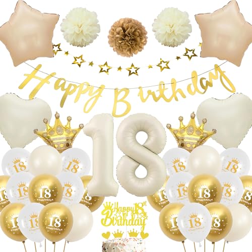 Deko 18 Geburtstag Mädchen Junge - Weiß Gold Luftballons Geburtstagsdeko Ballons, Glitzer Happy Birthday Banner Girlande und Creme Weiß XXL Zahl Folienballon Tortendeko für 18 Jahre Party Boho von Runyuzi