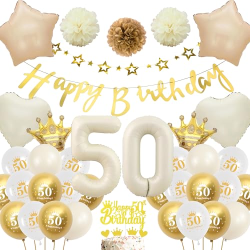 Deko 50 Geburtstag Frau Mann - Weiß Gold Luftballons Geburtstagsdeko Ballons, Glitzer Happy Birthday Banner Girlande und Creme Weiß XXL Zahl Folienballon Tortendeko für 50 Jahre Party Boho von Runyuzi