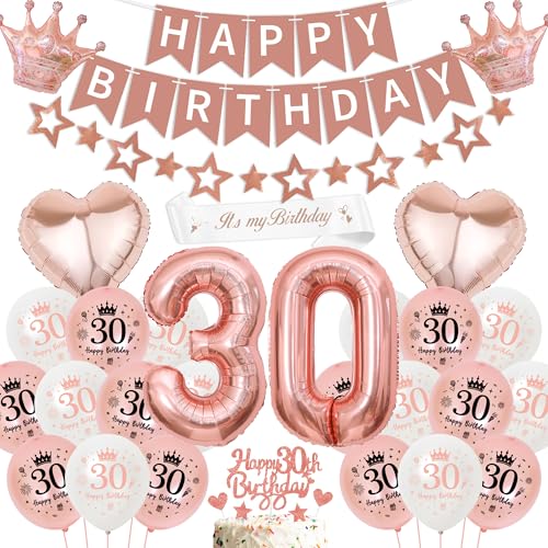 30 Geburtstag Deko Frauen Rosegold Luftballon - 30 Jahre Geburtstagsdeko Happy Birthday Banner und Sternen Girlande, Zahl Sterne Herzform Folienballons Tortendeko Schärpe für Geburtstagsparty von Runyuzi