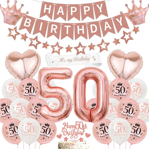 50 Geburtstag Deko Frauen Rosegold Luftballon - 50 Jahre Geburtstagsdeko Happy Birthday Banner und Sternen Girlande, Zahl Sterne Herzform Folienballons Tortendeko Schärpe für Geburtstagsparty von Runyuzi