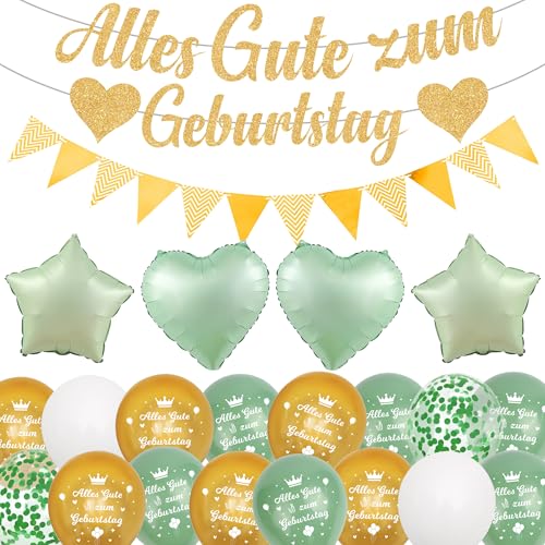 Grün Gold Geburtstagsdeko Frauen Männer - 33 Stücke Alles Gute zum Geburtstag Deko, Luftballons Glitzer Banner Sternen Herz Folienballons Wimpel für Jungen Mädchen Kindergeburtstag Party von Runyuzi