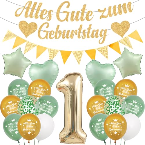 Runyuzi Deko 1. Geburtstag Junge Mädchen - 34 Stücke Geburtstagsdeko 1 Jahr Grün Gold, Herz Luftballons Glitzer Banner Wimpel für Kindergeburtstag Party von Runyuzi