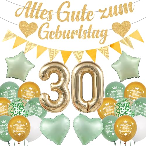 Runyuzi Deko 30 Geburtstag Frau Mann - 35 Stücke 30 Jahre Geburtstagsdeko Grün Gold, Sternen Herz Luftballons Glitzer Banner Girlande für Party Dekoration von Runyuzi