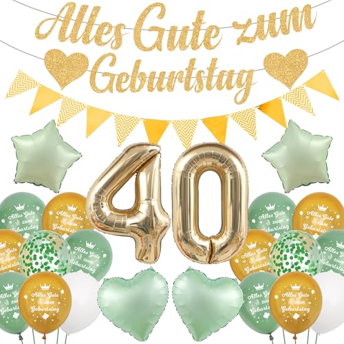 Runyuzi Deko 40 Geburtstag Frau Mann - 35 Stücke 40 Jahre Geburtstagsdeko Grün Gold, Sternen Herz Luftballons Glitzer Banner Girlande für Party Dekoration von Runyuzi