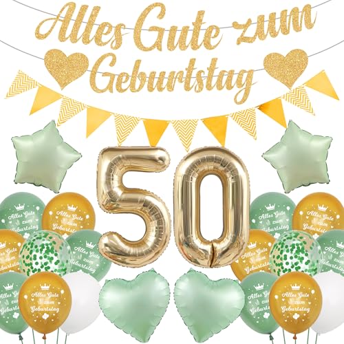 Runyuzi Deko 50 Geburtstag Frau Mann - 35 Stücke 50 Jahre Geburtstagsdeko Grün Gold, Sternen Herz Luftballons Glitzer Banner Girlande für Party Dekoration von Runyuzi