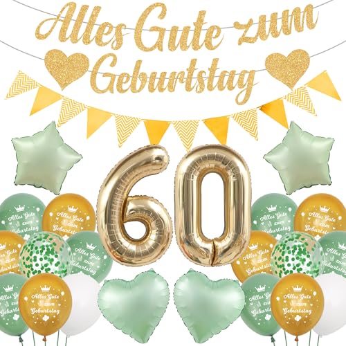 Runyuzi Deko 60 Geburtstag Frau Mann - 35 Stücke 60 Jahre Geburtstagsdeko Grün Gold, Sternen Luftballons Glitzer Banner Girlande Wimpel für Party Dekoration von Runyuzi