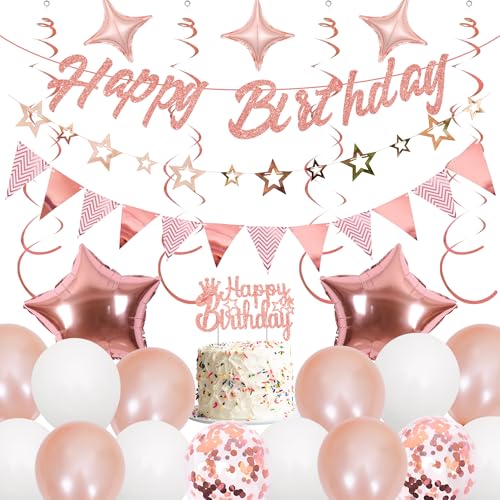 Runyuzi Geburtstagsdeko Luftballons Dekoration Set - Roségold Happy Birthday Banners mit Wimpel Sternen Girlande Kuchendeko, Sternen Folienballons Konfetti Ballons alle Altersgruppen Geburtstags Deko von Runyuzi