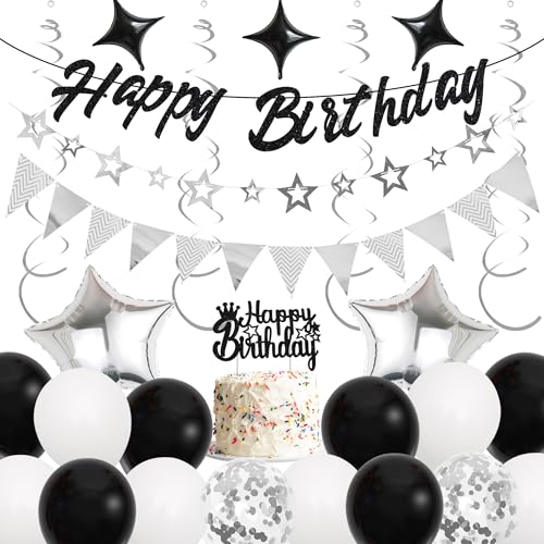 Runyuzi Geburtstagsdeko Luftballons Dekoration Set - Schwarz Silber Happy Birthday Banners mit Wimpel Sternen Girlande Kuchendeko, Sternen Folienballons Konfetti Ballons für alle Altersgruppen von Runyuzi