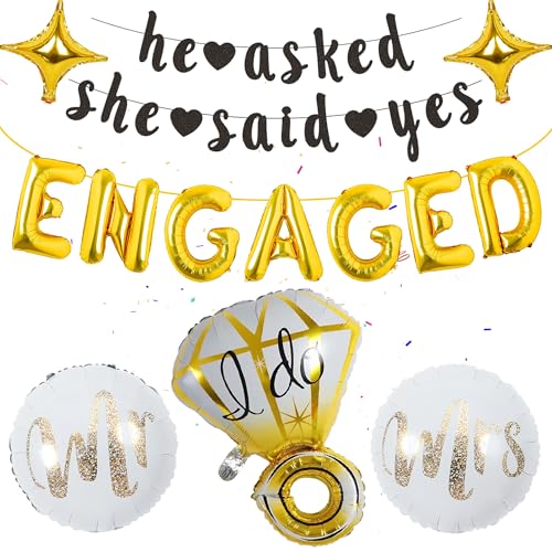 Hochzeit Verlobung Deko Schwarzgold - 32 Stück Set, Gold Engaged Luftballons, She Said Yes Banner, Mr, Mrs, Diamant, Ehering Ring Ballon, Zubehör für Verlobungsfeiern, Bride To Be Deko Hochzeit Verlobung Deko Schwarzgold - 32 Stück Set, Gold Engaged Luftballons, She Said Yes Banner, Mr, Mrs, Diamant, Ehering Ring Ballon, Zubehör für Verlobungsfeiern, Bride To Be Deko von Runyuzi