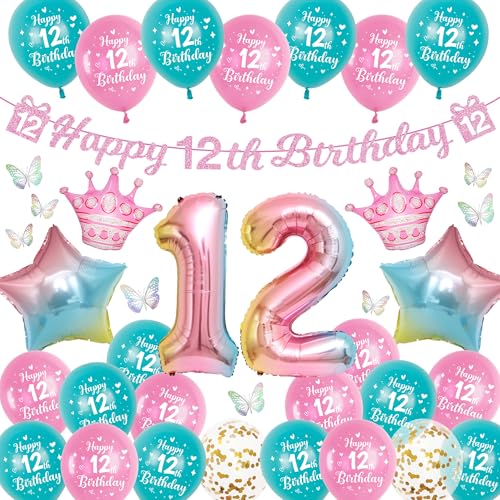 Luftballon Deko 12. Geburtstag für Mädchen - 40 Stück Rosa Geburtstagsdeko Set mit Happy Birthday Girlande, Bunte 3D Schmetterlinge und Zahlenballons für das 12 Jahre Kindergeburtstag Luftballon Deko 12. Geburtstag für Mädchen - 40 Stück Rosa Geburtstagsdeko Set mit Happy Birthday Girlande, Bunte 3D Schmetterlinge und Zahlenballons für das 12 Jahre Kindergeburtstag von Runyuzi