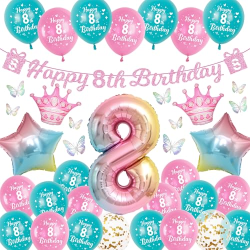 Luftballon Deko 8. Geburtstag für Mädchen - 40 Stück Rosa Geburtstagsdeko Set mit Happy Birthday Girlande, Bunt 3D Schmetterlinge und Zahlenballons für das 8 Jahre Kindergeburtstag Luftballon Deko 8. Geburtstag für Mädchen - 40 Stück Rosa Geburtstagsdeko Set mit Happy Birthday Girlande, Bunt 3D Schmetterlinge und Zahlenballons für das 8 Jahre Kindergeburtstag von Runyuzi