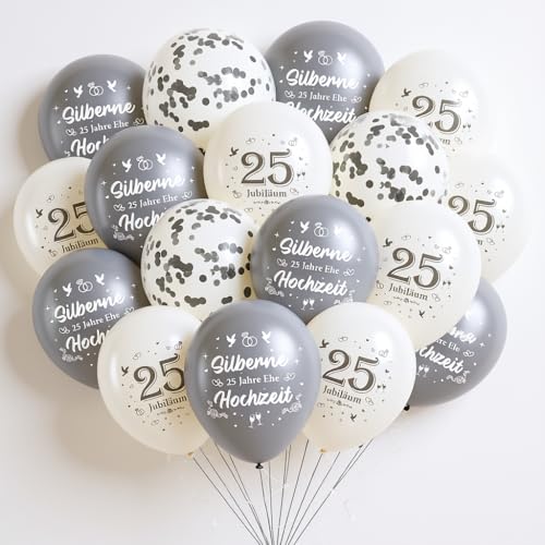 Silberhochzeit Deko Luftballons 25 Jahrestag - 36 Stück Hochzeitstag Dekoration Ballons, Silberne Weiße 25 Jubiläum Deko Latexballons Konfettiballons für Garten Hochzeit Frauen Männer von Runyuzi